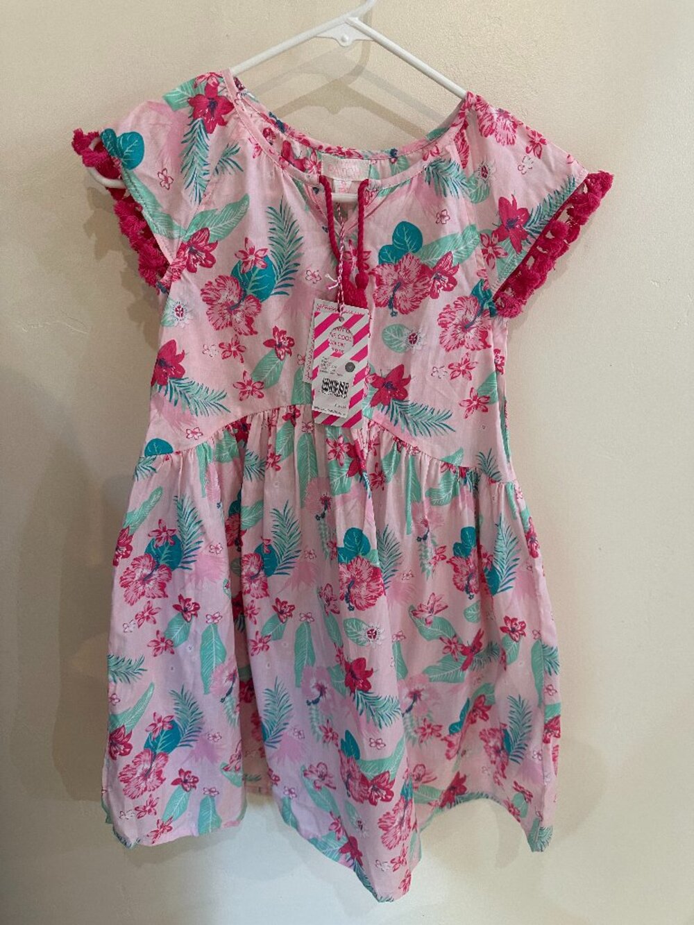 NWT Pumpkin Patch Patch Friends Girls Orchid Print Dress Pink Tassels Deadstock